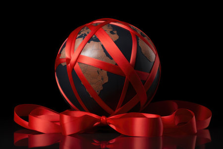 An eye-catching red globe with a ribbon, symbolizing the joyful spirit of the Christmas seasonの素材