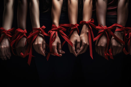 Red bond of empathy: numerous hands tied together by a crimson ribbon, underscoring the importance of understanding and solidarityの素材