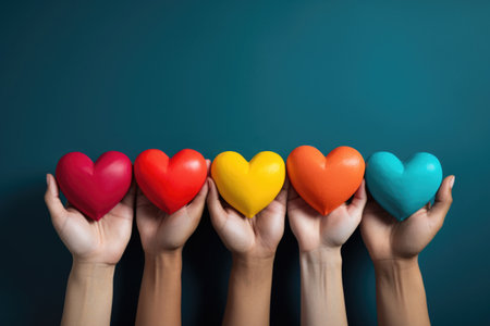 Multicolored hearts held by diverse hands. Symbolizes unity, love, and hopeの素材
