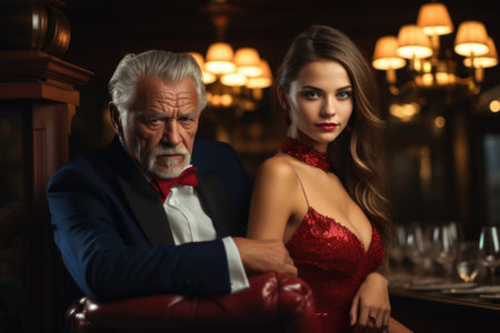 Rich older man alongside a young lady, representing a transactional relationship, financial motivations, and the moral degradation of a womanの素材