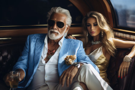 Affluent elderly gentleman and young woman, showing a marriage for profit, financial interests, and the moral erosion of a womanの素材