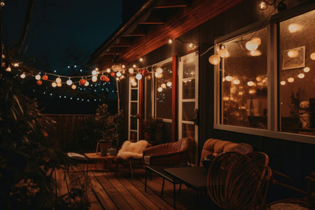 New Year's Christmas decoration of the veranda of a house with an armchair and a sofa. Different garlands of lamps hang at nightの素材