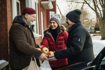 Contented retirees with bags of produce. Ensuring seniors receive home-delivered groceriesの素材