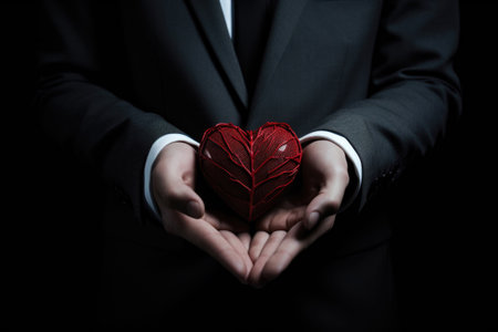 Men's hands embrace a heart symbol. Symbolizes World AIDS Day, donation, unityの素材