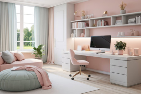 Interior room in cozy pink tones with a computer workplaceの素材