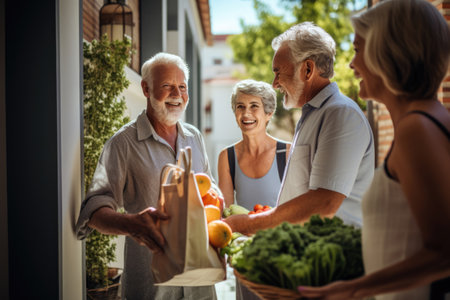 Content seniors with bags of fresh produce. Supporting elderly with home grocery deliveryの素材