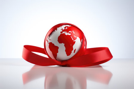 Red globe with a ribbon, representing the unity of World AIDS Day and the holiday cheer of Christmasの素材