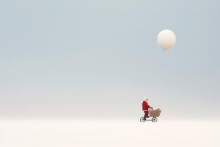 Santa Claus rides a bicycle across a snowy field. Minimalism. Place for text.の素材