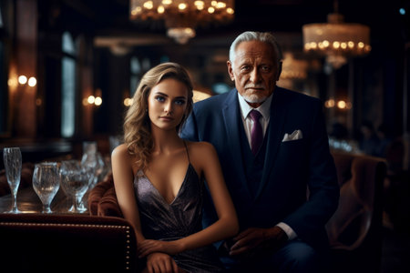Wealthy senior man and young lady, illustrating a transactional union, financial interests, and the ethical decline of a womanの素材