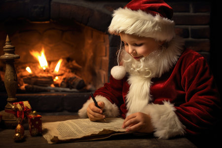 Young boy dressed as Santa, composing a letter brimming with desires for Santa Claus, enjoying the festive spirit of Christmas and New Yearの素材