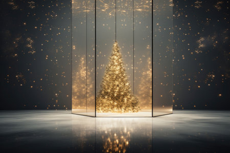 A golden-themed Christmas tree, elegantly displayed under a glass dome, captures the magic of the holiday seasonの素材