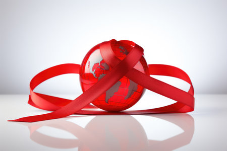 A bold red globe adorned with a vibrant ribbon, depicting the essence of World AIDS Day and the festive ambiance of Christmasの素材