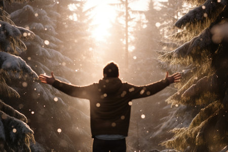 A man, embracing the falling snow in a wintry forest, spreads his arms in pure joy, savoring the serene beauty of the momentの素材
