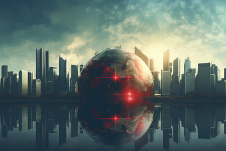 Futuristic image of the globe against the backdrop of skyscrapers and a dark cityの素材