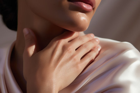 Detail of a female face against a dark background, embodying the concept of skincare, highlighting the facial cream applicationの素材