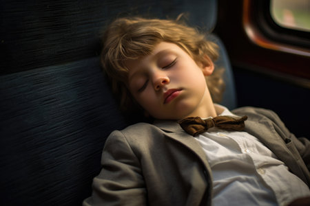 Sleepy youngster resting on a train bench after a tiring journeyの素材