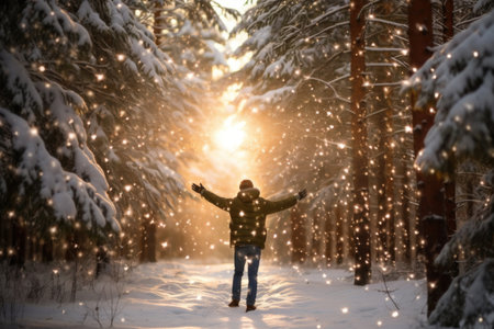 The figure of a man who joyfully opened his arms in a snowy forest in which snow is fallingの素材