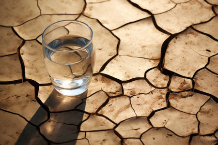 Cracked ground supports a glass of water, depicting the struggle for hydration in a barren environmentの素材