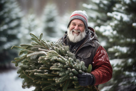 Wrapped in winter attire, an elderly man smiles while holding evergreen branches in a snowy woods. Festive preparations for New Year and Christmasの素材