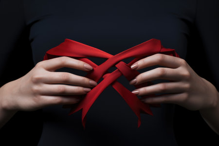 A scarlet ribbon is held firmly by two hands, symbolizing World AIDS Day, mutual aid, and charitable givingの素材