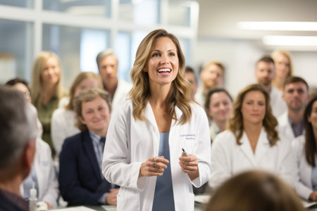 A medical expert addresses a crowd, discussing health matters and sharing a friendly grinの素材
