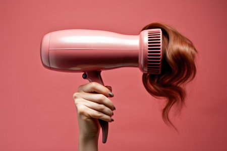 Flowing hair escapes the woman's grasp on the blow dryer, illustrating the struggle against knots and the ritual of drying hair for a polished lookの素材
