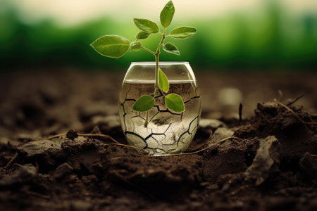 Dry, parched soil cradle a glass containing flourishing green saplings, signifying the emergence of a hopeful lifeの素材