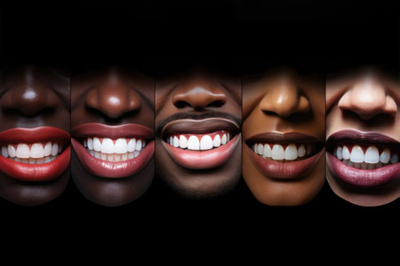 Different smiling faces of people with perfect teeth on a black backgroundの素材