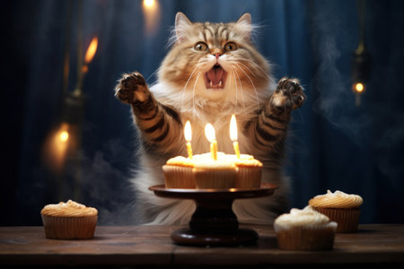 Cats and Candles: A cat's eyes glitter with excitement as it observes a cake adorned with glowing candles. It's the purr-fect moment to celebrate a beloved petの素材