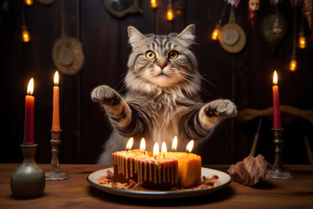 Whisker Wonderland: In the glow of candlelight, a cat contemplates a cake, marking a feline's special day. The ambiance purrs with birthday joyの素材