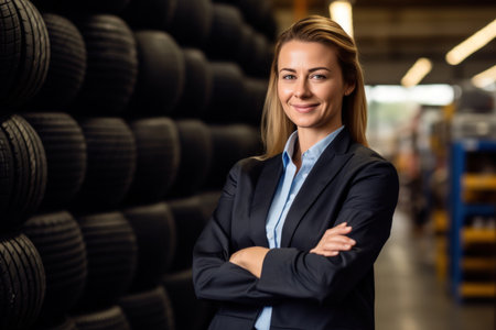 With a cheerful demeanor, the saleswoman in the tire store assists customers, her friendly smile making the tire selection process enjoyableの素材