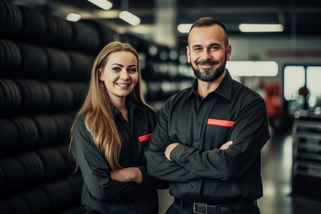 Friendly male and female workers of car tire center looking at cameraの素材