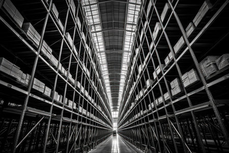 An expansive warehouse interior, filled with towering racks and abundant crates, illustrating the organized chaos of a busy logistics hubの素材