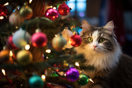 Surrounded by a joyful New Year's atmosphere, a cat gracefully explores a world of vibrant ornaments and sparkling lights, capturing the enchantment of the festive seasonの素材