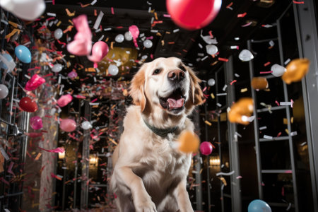 Dog holiday. a dog jumping surrounded by flying confetti and balloonsの素材