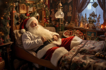 Santa Claus in fatigue finds solace on the bed, his rosy cheeks relaxed, ready for a well-deserved restの素材