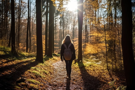 A woman hiking in the forest, finding joy in nature's embraceの素材