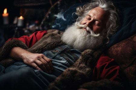 In a tranquil slumber, Santa rests, dreaming of the joy he'll bring on Christmas Eveの素材