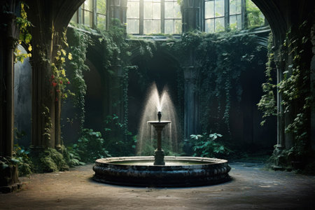 A room adorned with an enchanting indoor fountain, its waters glistening under the ambient light. The room exudes a calming and sophisticated auraの素材