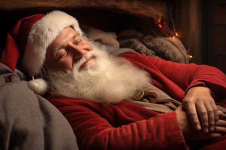 Santa Claus sleeps peacefully, a gentle smile on his face, preparing for the festive nightの素材