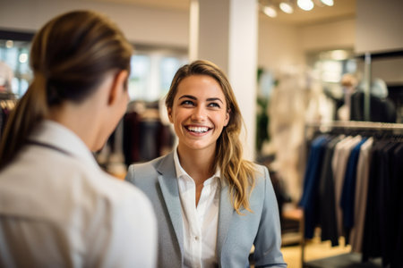 A smiling female shopper discusses fashion items with a salesperson in a women's garment storeの素材