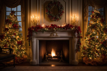A depiction of a cozy Christmas setting, featuring a crackling fireplace and enchanting festive decorationsの素材