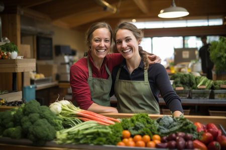 A pair of women vendors grinning behind a colorful variety of fruits and vegetables, creating an inviting environment for shoppersの素材