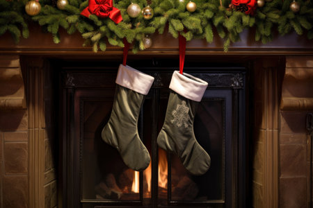 Adorable holiday stockings hang in anticipation, symbolizing the joy and warmth of the upcoming Christmas seasonの素材