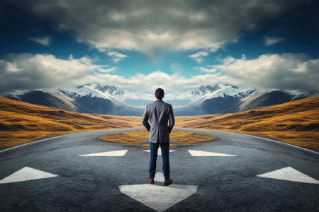 Diverging Destinies: A human figure faces diverging roads, illustrating the intricate nature of choices and the diverse destinies that unfold with each decisionの素材