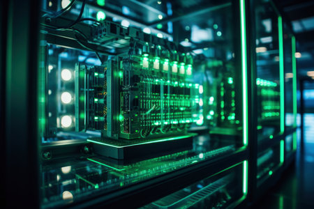 Luminous Data Hub: A server radiating luminosity through a web of wires and bulbs, capturing the brilliance and vitality of the digital data hubの素材