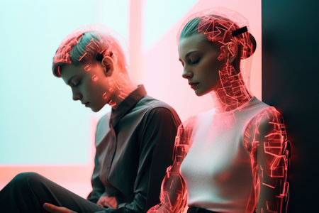 Tourist image of a couple of men and women covered in neon lightsの素材