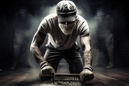 A man in a protective mask cleans the floor in clouds of dustの素材