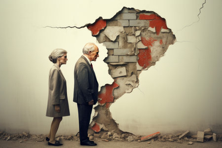 The concept of old age, relationships between older people. elderly couple in front of a crack in the wallの素材