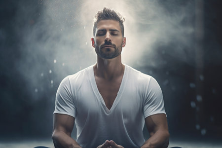 A man meditating peacefully with closed eyes, focusing on his mental well-beingの素材